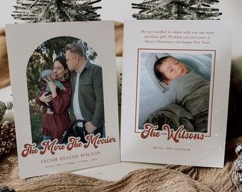 Christmas Birth Announcement Card Template, The More The Merrier Holiday Card, Boho Arch