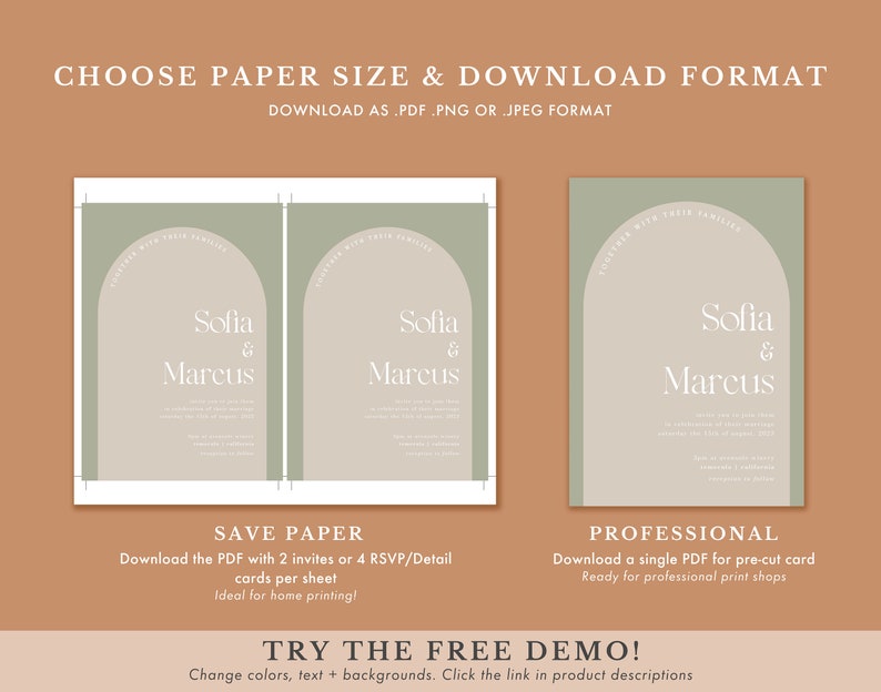 Arch Wedding Invitation Suite Template Sage Green Boho Wedding Invitation Set Arched Minimalist Invite Instant Download Sofia in sage image 4