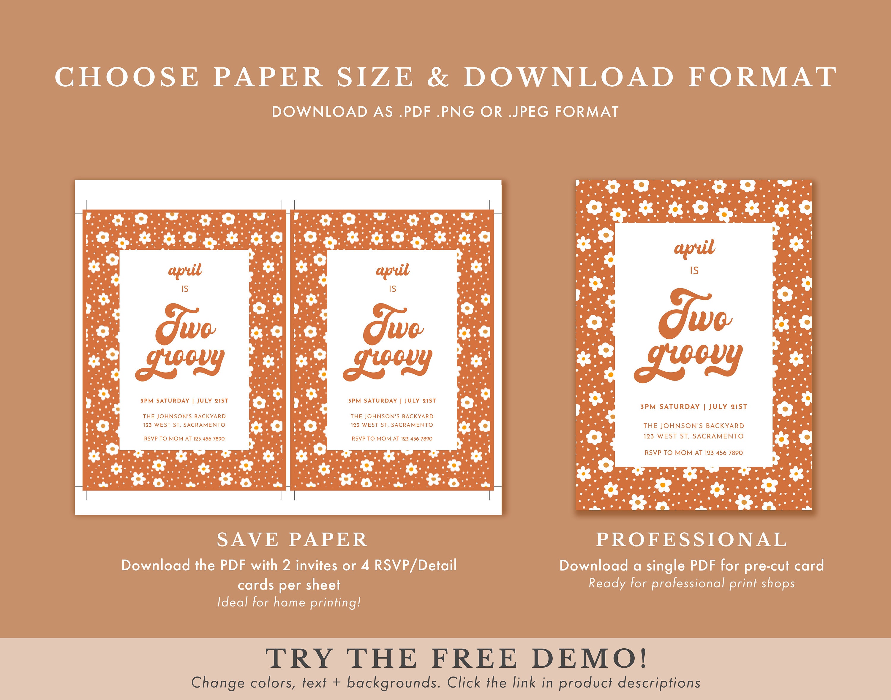 Two Groovy Birthday Invitation Editable Daisy Invite 2nd Birthday Retro ...