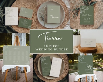 Può includere: Un set di cancelleria per matrimoni da 16 pezzi con uno schema di colori verde e bianco. Il set include inviti, biglietti RSVP, numeri di tavolo, un cartello di benvenuto, un piano di posti a sedere e altro ancora. Il design presenta un semplice disegno a linee di foglie e rami.
