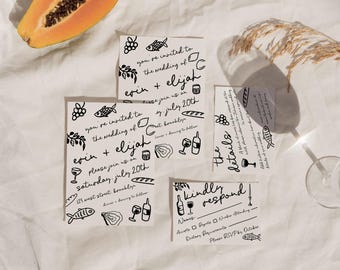 Whimsical Hand Drawn Wedding Invitation Suite, Illustrated Wedding Invite Dinner Party Invitation| HD4