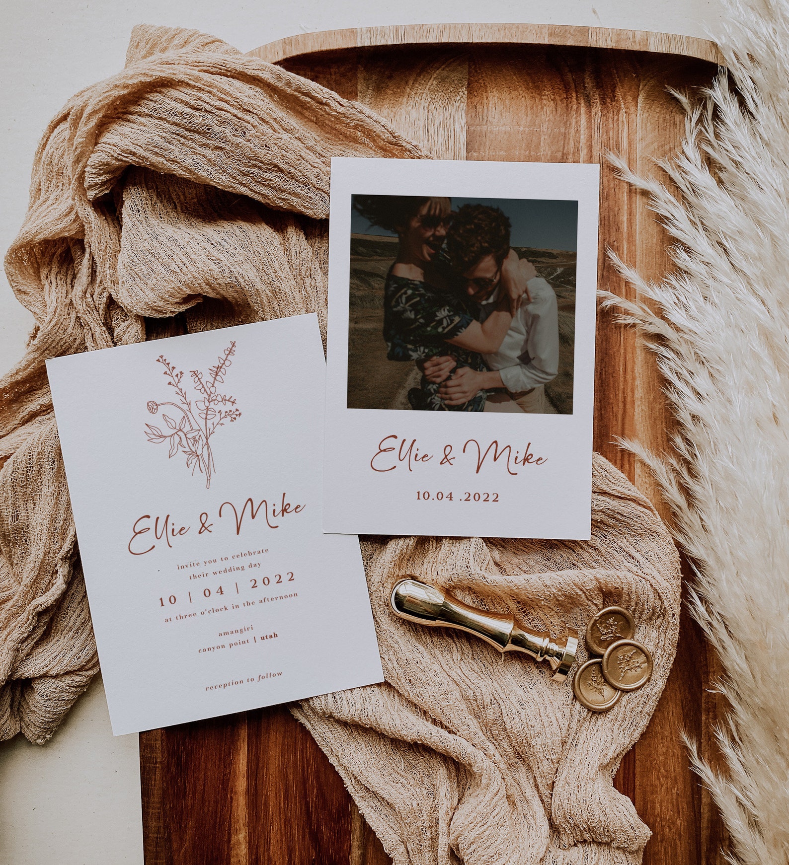 Terracotta Boho Wedding Invitation Template Botanical Simple | Etsy
