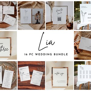 May include: A 16 piece wedding stationery bundle with a minimalist design featuring simple line drawings of flowers and the text "Lia 16 PC Wedding Bundle". The bundle includes various items such as invitations, RSVP cards, table numbers, and a welcome sign.
