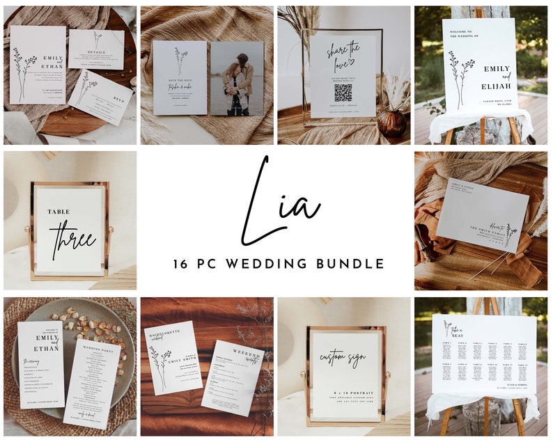 May include: A 16 piece wedding stationery bundle with a minimalist design featuring simple line drawings of flowers and the text "Lia 16 PC Wedding Bundle". The bundle includes various items such as invitations, RSVP cards, table numbers, and a welcome sign.