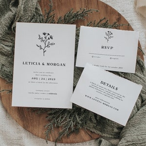 Simple Botanical Wedding Invitation Template Download Wedding Invitation Instant Download Flower Invite // Set of 3 DIGITAL DOWNLOAD | Ella