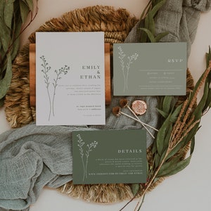 Sage Wedding Invitation Suite Boho Wedding Invitation Set Sage Green Boho Minimalist Leaves Simple Invite Template | Lia