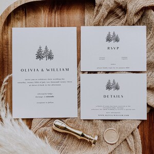 May include: Wedding invitation suite with a minimalist design featuring a forest illustration. The invitation card reads "Olivia & William" and includes the wedding date, time, and location. The RSVP card includes a space for guests to indicate their attendance and a deadline for responding. The details card provides information about the wedding venue and website.