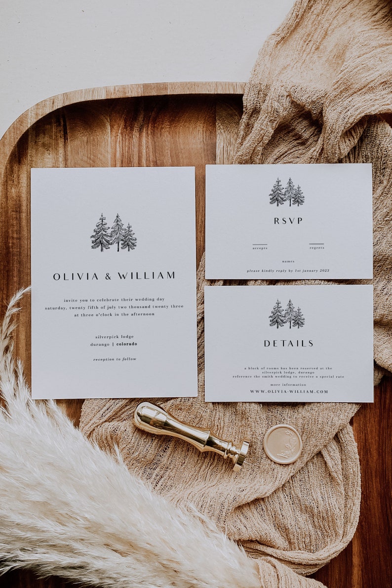 May include: Wedding invitation suite with a minimalist design featuring a forest illustration. The invitation card reads "Olivia & William" and includes the wedding date, time, and location. The RSVP card includes a space for guests to indicate their attendance and a deadline for responding. The details card provides information about the wedding venue and website.