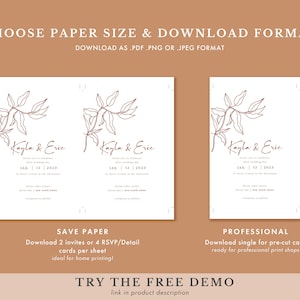 May include: Two wedding invitation templates with a simple line drawing of a branch with leaves in brown. The text "Kayla & Eric" is written in cursive with the date "Jan 12 2023" below. The text "Save Paper" and "Professional" is below the templates. The text "Try the Free Demo" is at the bottom of the image.