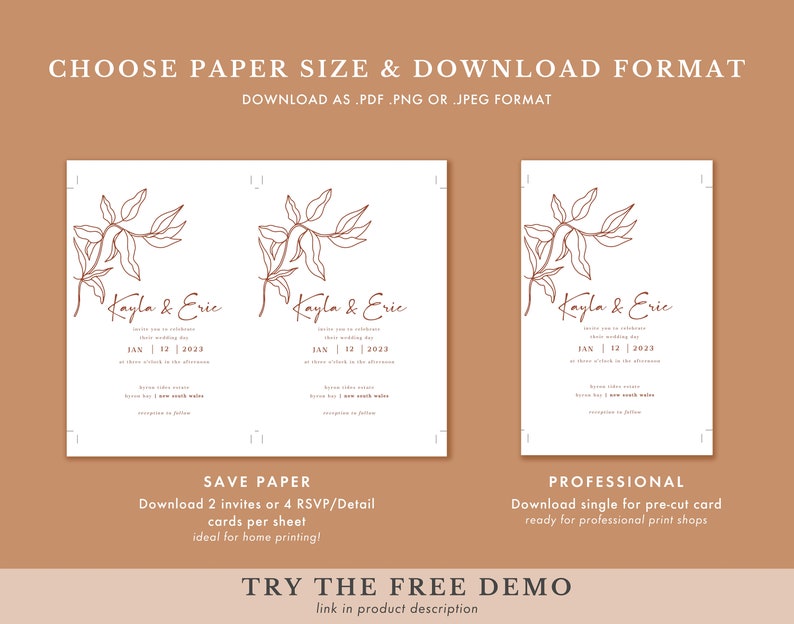 May include: Two wedding invitation templates with a simple line drawing of a branch with leaves in brown. The text "Kayla & Eric" is written in cursive with the date "Jan 12 2023" below. The text "Save Paper" and "Professional" is below the templates. The text "Try the Free Demo" is at the bottom of the image.