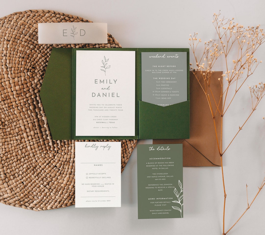 Sage Green Pocket Wedding Invitation Template Boho Sage Blue Wedding