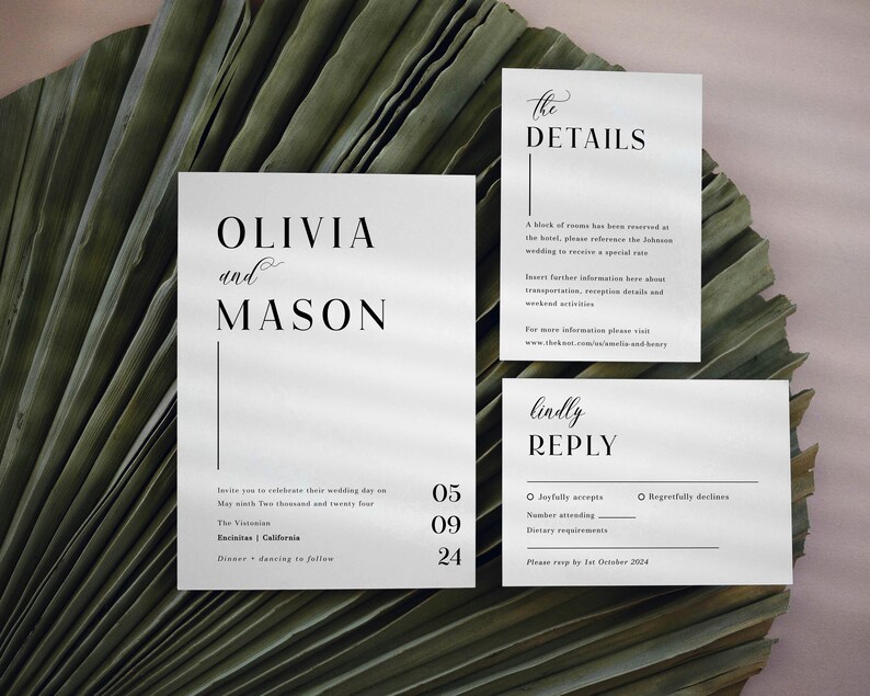 May include: Wedding invitation suite with a white background and black text. The invitation card features the names "Olivia and Mason" and the date "May 05, 09, 24". The details card includes information about the wedding venue and accommodation. The reply card has a section for guests to RSVP and provide dietary requirements.