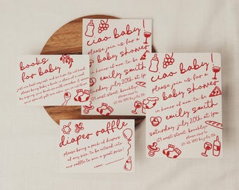 Italian Baby Shower Invitation, Whimsical Hand Drawn Lunch Dinner Party Invite Template, Ciao Baby | HD4 Red