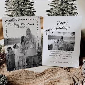 Christmas Card with Family Photo Template, Hand Drawn Bows Modern