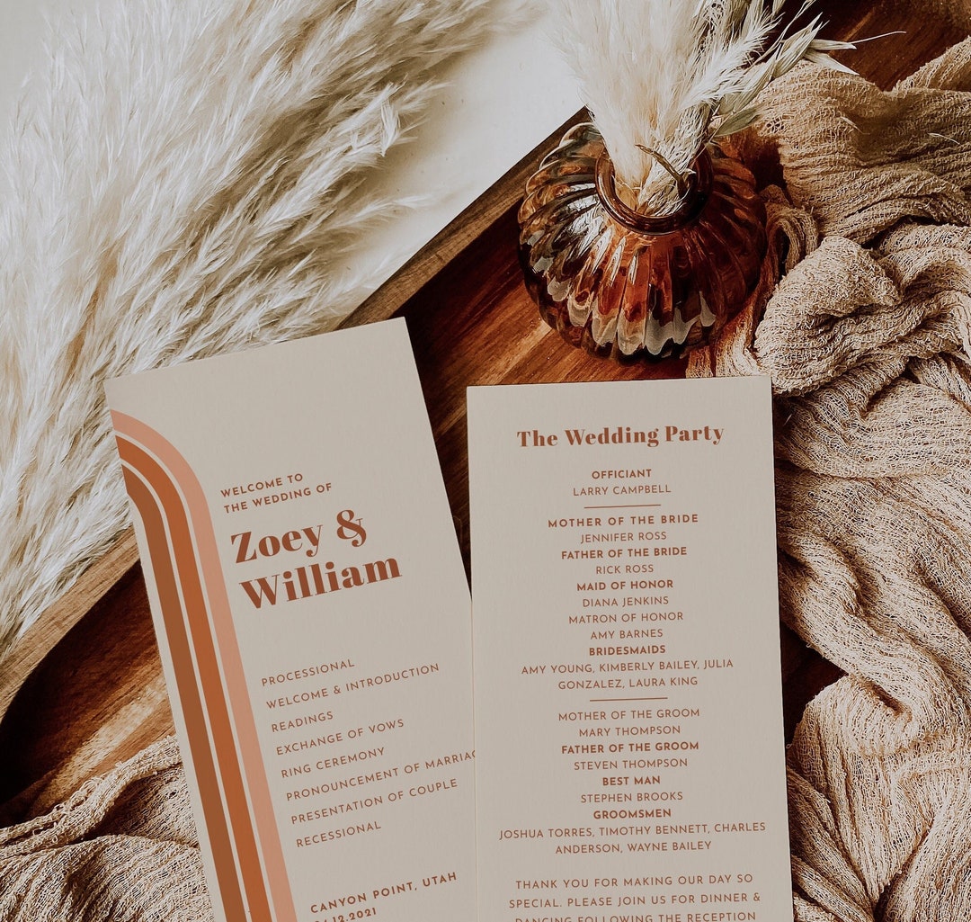Retro Wedding Program Template Boho 60s 70s Wedding Program Burnt ...