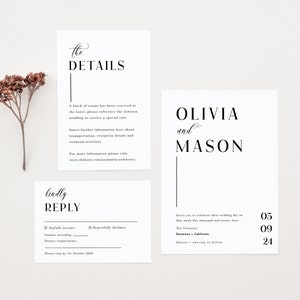 May include: Wedding invitation suite with black text on white cardstock. The invitation card features the names Olivia and Mason with the date 5th May 2024. The RSVP card includes the text "lindly REPLY" and a section for guests to indicate their attendance and dietary requirements.