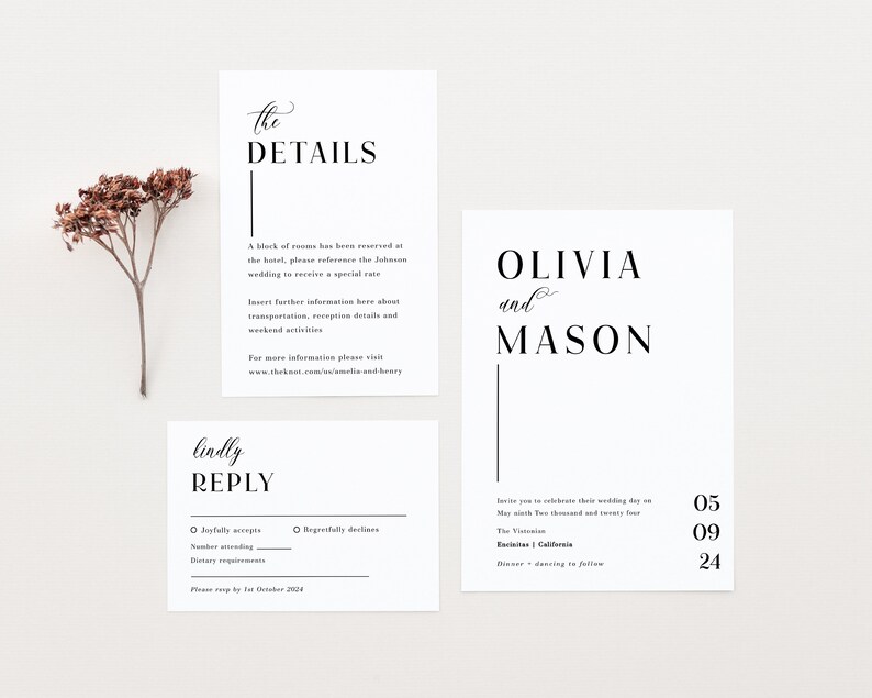 May include: Wedding invitation suite with black text on white cardstock. The invitation card features the names Olivia and Mason with the date 5th May 2024. The RSVP card includes the text "lindly REPLY" and a section for guests to indicate their attendance and dietary requirements.
