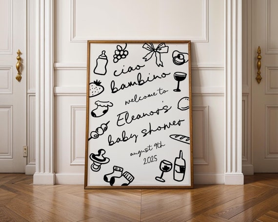 Ciao Bambino Baby Shower Welcome Sign, Ciao Baby Italian Baby Shower Sign Template Hand Drawn | HD4