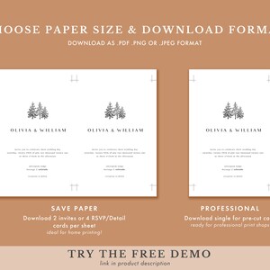 May include: Two wedding invitation designs with a black and white illustration of pine trees. The text "Olivia & William" is at the top of each design. The text "Save Paper" and "Professional" is below each design.