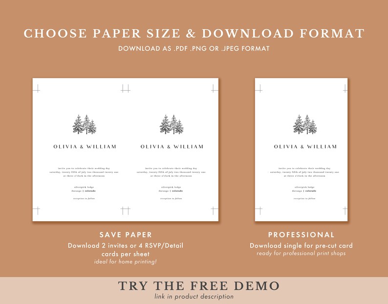 May include: Two wedding invitation designs with a black and white illustration of pine trees. The text "Olivia & William" is at the top of each design. The text "Save Paper" and "Professional" is below each design.