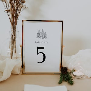 Pine Tree Wedding Table Numbers Template Forest Table Numbers Wedding Sign Minimalist Printable | Pines