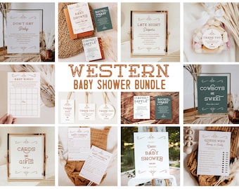 May include: Western themed baby shower printable bundle with a variety of games, signs, and decorations. The bundle includes a baby bingo card, a don't say baby game, a late night diapers sign, a diaper raffle sign, a books for baby sign, a cowboys are sweet sign, a cards and gifts sign, a thank you tag, a baby shower sign, and a guess who's having a baby game.