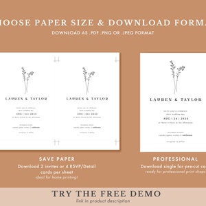 May include: Two wedding invitation templates with a simple floral design. The text on the invitations reads "Lauren & Taylor" and includes the wedding date "Aug 24, 2023". The text below the invitations describes the two different download options: "Save Paper" and "Professional".