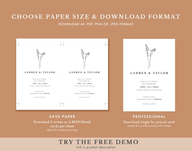 May include: Two wedding invitation templates with a simple floral design. The text on the invitations reads "Lauren & Taylor" and includes the wedding date "Aug 24, 2023". The text below the invitations describes the two different download options: "Save Paper" and "Professional".