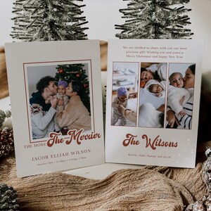 The More The Merrier Christmas Birth Announcement Template, Printable Boho Retro New Baby Holiday Card, Editable Instant Download