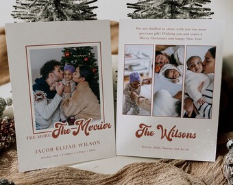 The More The Merrier Christmas Birth Announcement Template, Printable Boho Retro New Baby Holiday Card, Editable Instant Download
