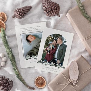 Christmas Birth Announcement Card Template "The More The Merrier" Boho Arch New Baby Holiday Card, Retro Photo Card