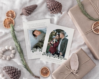 Christmas Birth Announcement Card Template "The More The Merrier" Boho Arch New Baby Holiday Card, Retro Photo Card