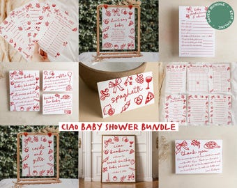 Ciao Baby Italian Baby Shower Bundle, Red Ciao Bambino Baby Shower Games Editable | HD4