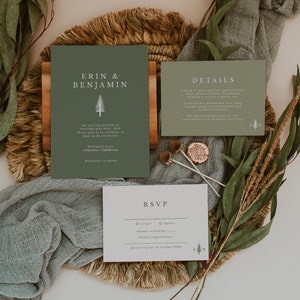 Forest Wedding Invitation Suite Template Pine Trees Wedding Invitation Set Olive Green Wedding Suite