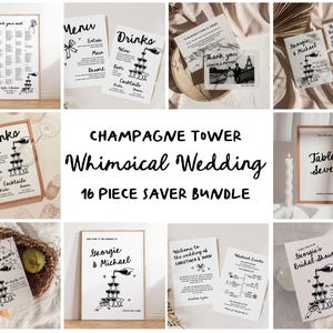 Whimsical Wedding Suite Template Bundle, Hand Drawn Wedding Sign Templates, Champagne Tower Invitation Signage | HD3