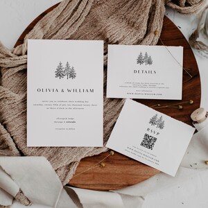 May include: Wedding invitation suite with a minimalist design featuring a black and white illustration of pine trees. The invitation card reads "Olivia & William" and includes details about the wedding date, time, and location. The RSVP card includes a QR code and the website address "www.olivia-william.com".