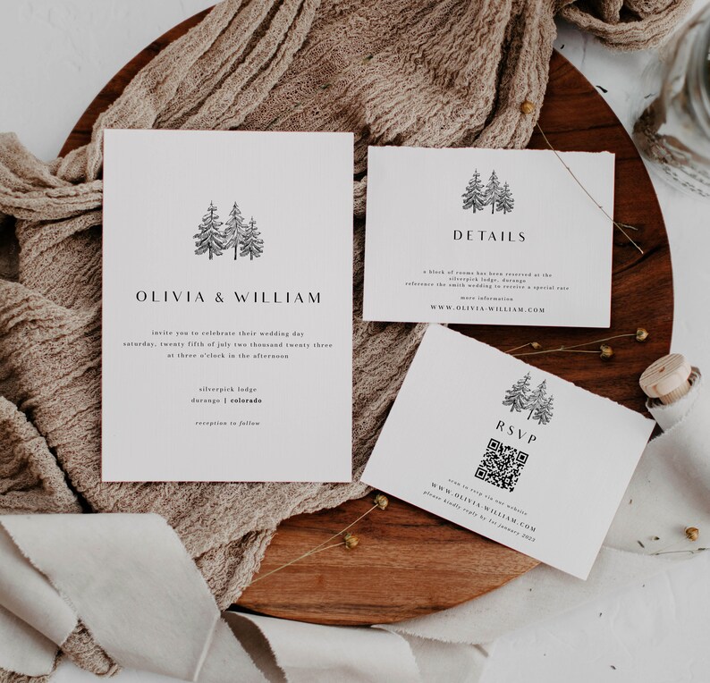 May include: Wedding invitation suite with a minimalist design featuring a black and white illustration of pine trees. The invitation card reads "Olivia & William" and includes details about the wedding date, time, and location. The RSVP card includes a QR code and the website address "www.olivia-william.com".