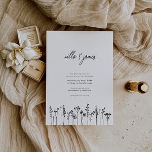 K&ouml;nnte beinhalten: Eine wei&szlig;e Hochzeitseinladung mit schwarzem Text, die die Hochzeit von Willa und James ank&uuml;ndigt. Die Einladung enth&auml;lt Datum, Uhrzeit und Ort der Hochzeitszeremonie und des Empfangs. Am unteren Rand der Einladung befindet sich eine Reihe einfacher schwarzer Strichzeichnungen von Wildblumen.