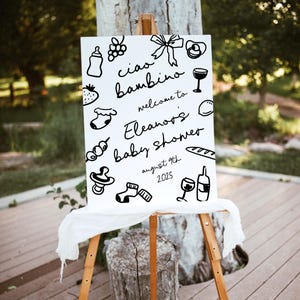 Op de afbeelding: Een wit bord met zwarte inkttekeningen van babygerelateerde items, waaronder een fles, een speen, een sok, een wijnglas en een stokbrood. De tekst op het bord luidt "Ciao bambino, welkom op Eleanor's babyshower, 9 augustus 2025".