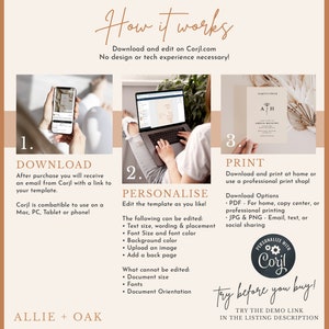 May include: A how-to guide for using Corjl.com to personalize and print wedding invitations. The guide shows a phone and a laptop with the Corjl.com website open. The guide also shows a wedding invitation with the text "A + H" and the names "Amelia Matthews & Henry Walker".