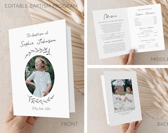 May include: A white baptism program featuring the text "The Baptism of Sophie Johnson" and a photograph of a young girl. The program includes the date July 21st, 2025, and the words "Music" and "When I Am Baptized".