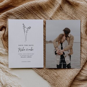May include: Two save the date cards with a simple floral design and a couple's photo. The first card says "Save the Date Tascha & Mike" with the date and location. The second card has a photo of a couple hugging and says "emily & than 10.07.2024".