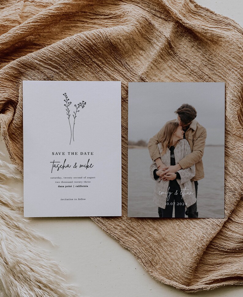 May include: Two save the date cards with a simple floral design and a couple's photo. The first card says "Save the Date Tascha & Mike" with the date and location. The second card has a photo of a couple hugging and says "emily & than 10.07.2024".