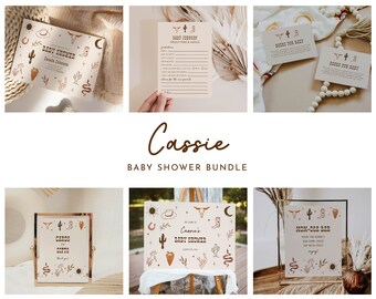 May include: A collection of baby shower stationery with a rustic, southwestern theme. The bundle includes invitations, prediction cards, game cards, and signage. The designs feature illustrations of cacti, cowboy boots, and other desert-inspired elements. The text "Cassie Baby Shower Bundle" is displayed.