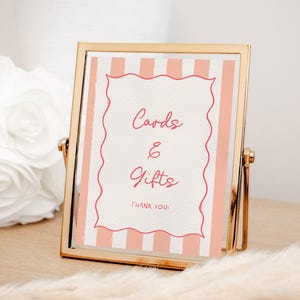 Pink Striped Cards and Gifts Sign, Fun Quirky Baby Shower Sign, Thank You Whimsical Hand Drawn | TA2