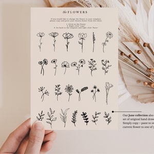 K&ouml;nnte beinhalten: Ein Blatt Papier mit einer Sammlung handgezeichneter Blumenillustrationen. Der Text auf dem Blatt lautet "the FLOWERS" und "Unsere Juni-Kollektion enth&auml;lt auch diesen Satz originaler handgezeichneter Blumen. Einfach kopieren und einf&uuml;gen, um die aktuelle Blume durch eine Ihrer Wahl zu ersetzen!"