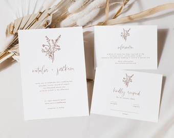 Botanical Wedding Invitation Template Download Floral Wedding Invitation Instant Download Minimal Invitation |  Bloom