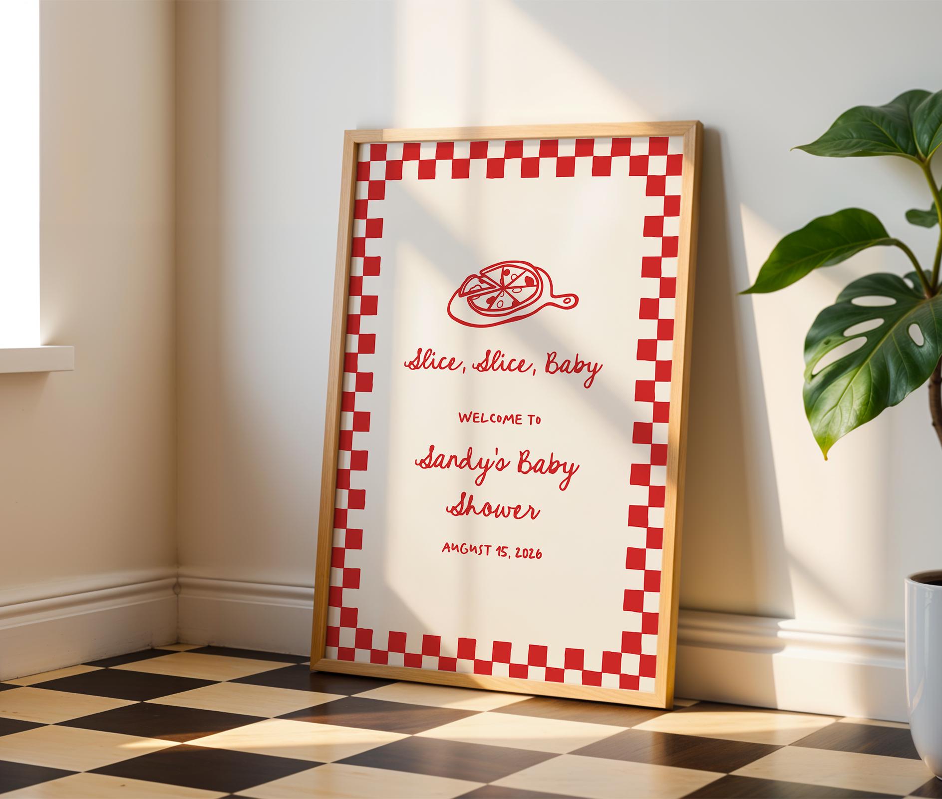 Slice Slice Baby Shower Welcome Sign, Red Italian Theme Pizza Welcome Sign | SSB1