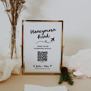 Whimsical Wedding Honeymoon Fund QR Code Sign Template, Hand Drawn Honeymoon Fund Sign | HD3