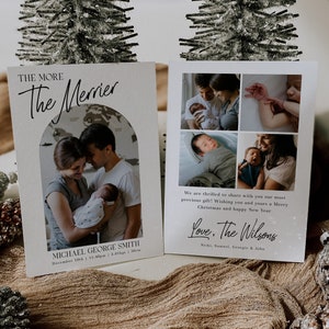 The More The Merrier Birth Announcement Card Template, Printable Christmas New Baby Holiday Card, Editable Instant Download Arch Photo Card
